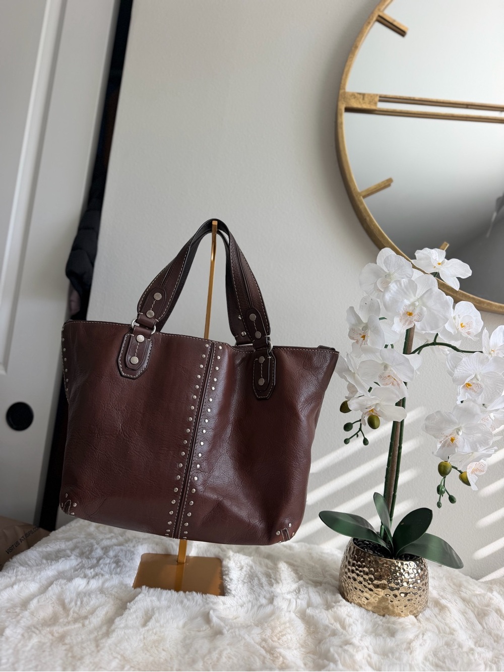 Michael Kors Y2lk Dark Brown Studded Leather Tote